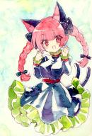 1girl animal_ears blunt_bangs braid breasts cat_ears cat_girl cat_tail commentary_request dress extra_ears frilled_dress frills green_dress kaenbyou_rin large_breasts long_hair long_sleeves looking_at_viewer multiple_tails nekomata one-hour_drawing_challenge open_mouth painting_(medium) red_eyes red_hair sasamiii373 side_braids solo tail touhou traditional_media twin_braids two_tails watercolor_(medium) // 678x1000 // 153KB