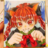 1girl absurdres animal_ears ayanagi_honpo black_bow black_dress bow bowtie braid cat_ears cat_girl dress fangs frilled_sleeves frills hair_bow head_tilt highres kaenbyou_rin long_hair long_sleeves marker_(medium) nail_polish open_mouth paw_pose photo_(medium) red_bow red_bowtie red_eyes red_hair red_nails solo touhou traditional_media twin_braids upper_body // 3024x3024 // 9.4MB