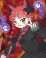 1girl animal_ears blush cat_ears cat_girl dress extra_ears green_dress highres hitodama kaenbyou_rin looking_at_viewer red_background red_eyes red_hair seisumochi solo touhou v zun_(style) // 972x1215 // 182KB