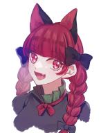 1girl :d absurdres animal_ears bad_id bad_pixiv_id black_bow black_dress blunt_bangs blush bow bowtie braid cat_ears cropped_torso dress fang hair_bow highres kaenbyou_rin kuga. long_hair looking_at_viewer nekomata open_mouth portrait red_bow red_bowtie red_eyes red_hair simple_background smile solo tongue touhou twin_braids white_background // 3121x4096 // 10MB