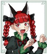 1girl :d animal_ears artist_request black_bow blunt_bangs border bow braid cat_ears dress extra_ears fang frills green_dress hair_bow hands_up highres juliet_sleeves kaenbyou_rin long_sleeves looking_at_viewer neck_ribbon open_mouth paw_pose puffy_sleeves red_eyes red_hair red_ribbon ribbon simple_background slit_pupils smile solo touhou twin_braids white_background // 1124x1300 // 1.3MB