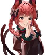 1girl animal_ears black_bow bow braid cat_ears cat_tail dress green_dress hair_bow juliet_sleeves kaenbyou_rin long_sleeves multiple_tails nekomata puffy_sleeves red_eyes red_hair solo steepled_fingers tail tongue tongue_out touhou twin_braids two_tails upper_body white_background yuuka_nonoko // 800x968 // 393KB