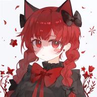 1girl absurdres animal_ears black_bow black_dress blush bow bowtie braid cat_ears chinese_commentary closed_mouth commentary_request dress earrings extra_ears falling_petals flower hair_bow highres jewelry kaenbyou_rin long_hair looking_at_viewer multiple_hair_bows petals rating:general red_bow red_bowtie red_eyes red_flower red_hair score:2 solo touhou twin_braids yuuneka // 4134x4134 // 5.1MB