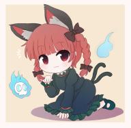 1girl :3 animal_ear_fluff animal_ears arm_support azuma_meri black_bow blue_fire blunt_bangs border bow braid cat_ears cat_tail chibi dress extra_ears fire flaming_skull floating_skull frills full_body grey_dress hair_bow hair_ribbon hitodama juliet_sleeves kaenbyou_rin light_blush long_hair long_sleeves looking_at_viewer multiple_tails nekomata outside_border petticoat pink_background puffy_sleeves red_eyes red_hair ribbon simple_background sitting skull solo tail touhou tress_ribbon twin_braids twintails two_tails wariza white_border // 1148x1122 // 463KB