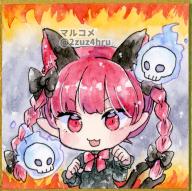 1girl 2zuz4hru :3 :d animal_ears black_bow blunt_bangs bow bowtie cat_ears chibi commentary_request dress extra_ears fire floating_skull green_dress hair_bow hair_ribbon hands_up hitodama kaenbyou_rin long_hair long_sleeves looking_at_viewer open_mouth painting_(medium) paw_pose pointy_ears red_bow red_bowtie red_eyes red_hair ribbon simple_background smile solo touhou traditional_media tress_ribbon twitter_username v-shaped_eyebrows watercolor_(medium) // 722x720 // 764KB