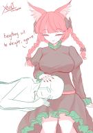 1boy 1girl absurdres animal_ears black_bow black_dress blunt_bangs bow braid breasts cat_ears cat_girl closed_eyes commentary dated dress english_commentary english_text hair_bow highres juliet_sleeves kaenbyou_rin lap_pillow large_breasts long_sleeves medium_hair puffy_sleeves red_hair red_nails side_braids signature simple_background sitting solo touhou twin_braids variant_set white_background xen0moonz // 2039x2894 // 503KB