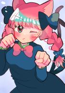 1girl ; absurdres animal_ears blue_dress blunt_bangs booonyanyanya bow bowtie braid breasts cat_ears cat_tail commentary dress gradient_background grey_background hair_bow hair_ribbon hands_up highres juliet_sleeves kaenbyou_rin long_hair long_sleeves looking_at_viewer multiple_tails nekomata one-hour_drawing_challenge paw_pose pink_eyes pink_hair puffy_sleeves red_bow red_bowtie ribbon simple_background small_breasts solo tail touhou tress_ribbon twin_braids two_tails // 2480x3508 // 1.1MB
