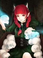 1girl animal_ear_fluff animal_ears belt blunt_bangs bow braid bright_pupils cat_ears dress ear_piercing extra_ears eyebrows_hidden_by_hair female_focus green_dress hair_bow igyouhime jewelry juliet_sleeves kaenbyou_rin long_sleeves parted_lips piercing pointy_ears puffy_sleeves red_hair ring skull slit_pupils smile solo touhou twin_braids wheelbarrow white_pupils // 900x1199 // 1.2MB