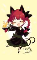 1girl alcohol animal_ears beer beer_mug braid cat_ears closed_eyes cup dress extra_ears happy highres holding holding_cup kaenbyou_rin mug nekomata one-hour_drawing_challenge open_mouth red_hair solo touhou twin_braids yellow_background yukihiko_(sky_sleep) // 900x1440 // 100KB