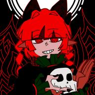 1girl animal_ears black_nails black_shirt blunt_bangs braid cat_ears cat_girl commentary_request extra_ears fingernails frilled_sleeves frills grin highres holding holding_skull kaenbyou_rin long_hair long_sleeves looking_at_viewer pointy_ears red_eyes red_hair ringed_eyes shaded_face shiri_fusang shirt skull smile solo touhou twin_braids upper_body // 1280x1280 // 292KB