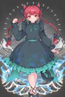 1girl :3 absurdres animal_ears back_bow black_bow black_dress blue_fire bone bow bowtie braid cat_ears cat_girl cat_tail dress dress_bow feet_out_of_frame fingernails fire frills green_bow green_bowtie hair_bow hand_up highres kaenbyou_rin long_hair long_sleeves looking_at_viewer multiple_hair_bows multiple_tails paw_print puffy_sleeves red_eyes red_hair red_nails rymei sharp_fingernails smile solo tail touhou twin_braids twintails twitter_username two_tails // 1643x2459 // 5.0MB