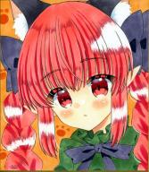 1girl animal_ear_fluff animal_ears black_bow blue_background blush bow bowtie braid cat_ears dress expressionless extra_ears frills green_dress hair_bow kaenbyou_rin long_hair pointy_ears portrait red_bow red_bowtie sidelocks simple_background solo touhou twin_braids twintails zenra1112 // 464x531 // 82KB