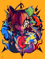 1girl ahoge animal_ears bananachiken black_bow bow braid breasts brown_hair cat_ears cat_girl commentary_request extra_ears graffiti hair_bow highres kaenbyou_rin long_hair looking_at_viewer orange_background parted_lips pointy_ears red_eyes red_hair reiuji_utsuho ringed_eyes side_braid simple_background third_eye touhou upper_body // 961x1248 // 570KB