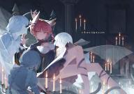 1girl 4girls absurdres animal_ear_fluff animal_ears arm_up black_bow black_dress black_ribbon bow bowtie braid candle candlestand cat_ears cat_girl cat_tail cleavage_cutout closed_mouth clothing_cutout commentary_request curtains dress foot_out_of_frame hand_up highres huangyou kaenbyou_rin knee_up leg_ribbon light_smile long_hair long_sleeves looking_at_viewer multiple_girls multiple_tails neck_ribbon pink_eyes red_hair red_ribbon ribbon solo stairs tail touhou twin_braids two_tails zombie_fairy_(touhou) // 3508x2480 // 6.5MB