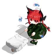 1girl animal_ears bow braid cat_ears cat_tail dress green_dress hair_bow hitodama kaenbyou_rin multiple_tails nail_polish red_eyes red_hair red_nails shadow skull solo tail touhou twin_braids upturned_eyes walking wheelbarrow zakozako_y // 929x914 // 292KB