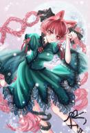 1girl animal_ear_fluff animal_ears black_bow black_ribbon bow braid cat_ears cat_girl commentary_request dress full_moon gagakutaya green_dress hair_bow highres juliet_sleeves kaenbyou_rin leg_ribbon long_hair long_sleeves moon puffy_sleeves red_hair ribbon side_braids solo touhou variant_set very_long_hair // 1080x1580 // 2.8MB