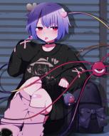 1girl :p absurdres backpack bag bandaid bandaid_on_knee bandaid_on_leg black_bag black_choker black_shirt blush candy casual character_doll choker commentary contemporary doll feet_out_of_frame food hair_ornament heart heart_choker heart_hair_ornament highres holding holding_candy holding_food holding_lollipop kaenbyou_rin kaenbyou_rin_(cat) kneehighs komeiji_koishi komeiji_satori lollipop long_sleeves pink_socks purple_hair red_eyes reiuji_utsuho reiuji_utsuho_(bird) shirt short_hair sleeves_past_fingers sleeves_past_wrists socks solo streetwear third_eye tongue tongue_out touhou you_(noanoamoemoe) // 2322x2905 // 4.6MB