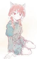 1girl animal_ears black_dress braid cat_ears colored_eyelashes dress eyelashes female_focus frilled_dress frills hair_ribbon highres juliet_sleeves kaenbyou_rin long_sleeves looking_at_viewer motsuni_(artist) puffy_sleeves red_eyes red_hair ribbon sanpaku simple_background sitting sketch slit_pupils solo thick_eyebrows thighs touhou tsurime twin_braids yokozuwari // 900x1411 // 1.2MB