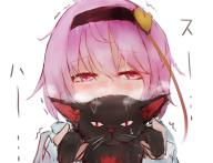 1girl animal black_cat blush breath cat covered_mouth furrowed_brow hair_between_eyes hair_ornament hairband half-closed_eyes heart heart_hair_ornament highres holding holding_animal holding_cat kaenbyou_rin kaenbyou_rin_(cat) komeiji_satori looking_at_viewer motion_lines nose_blush pink_eyes pink_hair raised_eyebrows safutsuguon short_hair simple_background sketch smelling solo sweat third_eye touhou trembling upper_body whiskers white_background // 3000x2300 // 3.9MB