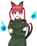 1girl animal_ears arms_under_breasts blue_fire bow braid cat_ears crossed_arms dress extra_ears fire green_dress hair_bow highres hitodama kaenbyou_rin kashiwada_kiiho long_sleeves looking_at_viewer nekomata open_mouth red_eyes red_hair skull spirit touhou twin_braids // 1014x1243 // 584KB