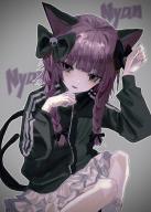 1girl alternate_costume animal_ears black_bow black_jacket black_tail bobby_socks bow braid cat_ears commentary english_text fang feet_out_of_frame grey_background hair_bow hair_ornament hayu_(hayu0305) highres jacket kaenbyou_rin layered_skirt long_hair long_sleeves looking_at_viewer multiple_hair_bows multiple_tails open_mouth paw_pose red_eyes red_hair sitting skirt skull_hair_ornament smile socks solo tail touhou track_jacket twin_braids two_tails white_skirt white_socks // 1464x2048 // 327KB