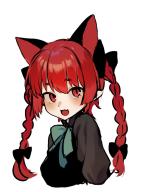 1girl animal_ears black_bow bow bowtie braid cat_ears cat_girl commentary extra_ears fang green_bow green_bowtie hair_bow highres kaenbyou_rin long_hair looking_at_viewer open_mouth red_eyes red_hair side_braids simple_background skin_fang solo symbol-only_commentary touhou twin_braids upper_body utsuro114514 white_background // 1076x1457 // 103KB