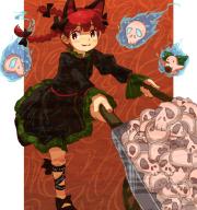 1girl :3 animal_ears bird black_bow black_dress black_footwear bow braid brown_background cat_ears cat_girl closed_mouth commentary_request dress extra_ears full_body hitodama juliet_sleeves kaenbyou_rin kingin long_sleeves looking_at_viewer puffy_sleeves red_eyes red_hair reiuji_utsuho reiuji_utsuho_(bird) side_braids skull touhou twin_braids wheelbarrow // 750x800 // 471KB