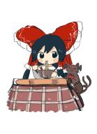 1girl animal_ears black_bow black_cat black_hair blush bow bowl cat cat_ears chabudai chopsticks commentary_request food frilled_bow frills hair_bow hakurei_reimu highres holding holding_chopsticks holding_food kaenbyou_rin kaenbyou_rin_(cat) kotatsu multiple_tails neruzou noodles red_bow short_hair simple_background sitting table tail touhou two_tails under_kotatsu under_table white_background // 934x1283 // 457KB