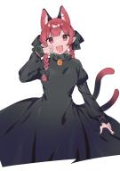 1girl akagashi_hagane animal_ears bell black_dress braid cat_ears cat_tail dress extra_ears fangs jingle_bell juliet_sleeves kaenbyou_rin long_hair long_sleeves looking_at_viewer multiple_tails open_mouth puffy_sleeves red_eyes red_hair simple_background smile solo tail touhou twin_braids two_tails white_background // 819x1158 // 84KB