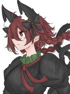 1girl animal_ear_fluff animal_ears black_bow black_dress bow braid breasts cat_ears cat_tail closed_mouth commentary_request dress expressionless extra_ears eyes_visible_through_hair fang fang_out floating_hair fumomono hair_between_eyes hair_bow highres juliet_sleeves kaenbyou_rin large_breasts long_sleeves looking_to_the_side multiple_tails nekomata profile puffy_sleeves red_eyes red_hair simple_background solo tail touhou twin_braids two_tails upper_body white_background // 1536x2048 // 281KB