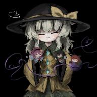 1girl black_background black_hat blouse blush bow buttons closed_eyes closed_mouth diamond_button eyeball facing_viewer floral_print frilled_shirt_collar frilled_sleeves frills green_skirt hands_up hat hat_bow hat_ribbon heart heart_of_string heripantomorrow kaenbyou_rin komeiji_koishi komeiji_satori light_green_hair long_sleeves medium_hair reiuji_utsuho ribbon rose_print shirt simple_background skirt smile sock_puppet solo third_eye touhou wavy_hair wide_sleeves yellow_bow yellow_ribbon yellow_shirt // 900x900 // 387KB