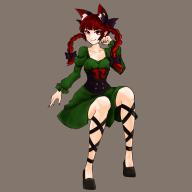 1girl animal_ears bow braid cat_ears dress green_dress hair_bow inoshin_(inixia1748) kaenbyou_rin leg_ribbon nail_polish red_eyes red_hair red_nails ribbon simple_background solo touhou twin_braids // 1130x1130 // 405KB