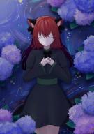 1girl absurdres alternate_hairstyle animal_ears black_dress blue_flower cat_ears cat_girl chiaki_koizumi closed_eyes commentary_request crossed_bangs dress flower hair_down highres kaenbyou_rin long_hair long_sleeves lying on_back own_hands_together purple_flower red_hair solo touhou water // 4200x5940 // 19MB
