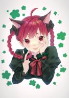 1girl :d animal_ears black_bow bow braid cat_ears cropped_torso dress fangs frills green_dress hair_bow highres kaenbyou_rin kirby1love long_sleeves open_mouth red_eyes red_hair smile solo touhou twin_braids // 848x1200 // 778KB