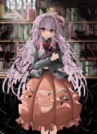 1girl absurdres animal black_cat book bow bowtie bubble_skirt cat closed_mouth commentary english_commentary fox_mask green_shirt hata_no_kokoro highres holding holding_animal holding_cat indoors kaenbyou_rin kaenbyou_rin_(cat) light_rays long_hair long_sleeves looking_at_viewer mask mask_on_head nekomata orange_skirt ougiikun pink_hair plaid_clothes plaid_shirt red_bow red_bowtie red_eyes shirt skirt standing touhou window // 2910x4017 // 1.8MB