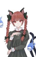 1girl animal_ears black_bow black_dress bow cat_ears cat_girl cat_tail closed_mouth commentary dress extra_ears hair_bow highres hitodama kaenbyou_rin kashiwada_kiiho long_sleeves looking_at_viewer multiple_tails red_eyes red_hair simple_background solo tail touhou two_tails upper_body white_background // 1314x2055 // 287KB