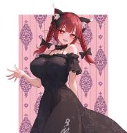 1girl absurdres animal_ear_fluff animal_ears black_bow black_choker black_dress border bow braid breasts cat_ears choker collarbone dress extra_ears fang frilled_choker frills hair_bow highres kaenbyou_rin large_breasts long_eyelashes long_hair nekomata no_tail off-shoulder_dress off_shoulder open_mouth pointy_ears red_eyes red_hair slit_pupils smile solo sugar_you touhou twin_braids white_border // 5761x6000 // 8.0MB