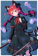 1girl :3 animal_ears black_bow black_dress blue_background border bow braid cat_ears dress extra_ears feet_out_of_frame floral_print floral_print_dress heart highres hitodama kaenbyou_rin kagurachiriri long_hair multiple_tails pointy_ears print_dress red_eyes red_hair red_ribbon ribbon skull solo spirit tail touhou twin_braids two_tails wheelbarrow white_border // 1403x2048 // 329KB