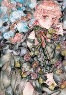 1girl absurdres adapted_costume bare_shoulders blunt_bangs blush bubble closed_mouth detached_sleeves dress expressionless eyebrows_hidden_by_hair floating_hair flower green_dress highres holding holding_flower jewelry kaenbyou_rin long_hair long_sleeves looking_at_viewer nose_blush painting_(medium) red_eyes red_hair sakamoto_aou solo tassel touhou traditional_media watercolor_(medium) // 3051x4344 // 4.5MB