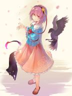 1girl arm_behind_back bird black_bird black_cat black_hairband blouse blue_shirt cat commentary falken_(yutozin) floral_print frilled_shirt_collar frilled_skirt frilled_sleeves frills from_side full_body hair_between_eyes hair_ornament hairband hand_up heart heart_hair_ornament highres kaenbyou_rin kaenbyou_rin_(cat) komeiji_satori long_sleeves looking_at_viewer looking_to_the_side open_hand parted_lips petals pink_skirt purple_hair red_eyes red_slippers reiuji_utsuho reiuji_utsuho_(bird) rose_print shirt short_hair skirt slippers smile solo standing third_eye touhou wide_sleeves // 1207x1603 // 150KB