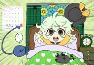 1girl 2019 alarm_clock arms_up black_bow black_cat black_hat blanket blouse bow braid calendar_(object) cat clenched_hands clock closed_eyes collared_shirt curtains drawer ear_bow eyeball green_eyes hair_between_eyes hat hat_ribbon heart heart_print highres kaenbyou_rin kaenbyou_rin_(cat) komeiji_koishi light_green_hair long_sleeves looking_at_viewer medium_hair messy_hair open_mouth pillow plaid_curtains red_hair ribbon shirt smile solo spoken_ellipsis stained_glass tail tail_bow tail_ornament teeth third_eye touhou twin_braids under_covers unworn_hat unworn_headwear upper_teeth_only v-shaped_eyebrows washiwa wavy_hair wide_sleeves window x_mouth yellow_ribbon yellow_shirt // 2175x1509 // 2.8MB