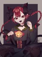 1girl :d absurdres animal_ears bell black_bow black_collar black_dress bow bowtie braid cat_ears cat_tail collar collarbone commentary corset dress extra_ears eyebrows_hidden_by_hair fang fangs frilled_sleeves frills hair_bow hands_up highres jingle_bell juliet_sleeves kaenbyou_rin long_hair long_sleeves looking_at_viewer multiple_tails nekomata open_mouth paw_pose pointy_ears puffy_sleeves red_bow red_bowtie red_eyes red_hair signature simple_background skin_fang smile solo tail tail_bow tail_ornament touhou twin_braids two_tails upper_body zabu_rou // 4198x5722 // 7.9MB