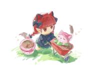 1girl :3 animal_ears black_bow black_dress bow braid cat_ears cattail_(plants_vs._zombies) chibi chibi_only closed_mouth crossover dress extra_ears ge_dazuo hair_bow highres kaenbyou_rin long_sleeves plants_vs._zombies plants_vs._zombies_hybrid pointy_ears red_eyes red_hair solo touhou twin_braids wheelbarrow white_background zzz // 2048x1423 // 192KB