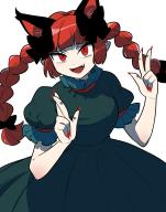 1girl animal_ears braid cat_ears dress extra_ears fang fingernails furukawa_(yomawari) green_dress highres kaenbyou_rin long_fingernails long_hair nail_polish open_mouth red_eyes red_hair red_nails sharp_fingernails short_sleeves smile solo touhou twin_braids unfinished_dream_of_all_living_ghost // 1500x1900 // 207KB