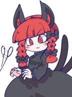 1girl animal_ears black_dress blunt_bangs braid cat_ears cat_girl cat_tail cat_teaser chahan_(fried_rice0614) commentary dress highres kaenbyou_rin long_hair long_sleeves multiple_tails red_eyes red_hair side_braids simple_background slit_pupils solo tail touhou twin_braids two_tails v-shaped_eyebrows white_background // 960x1280 // 501KB