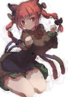 1girl animal_ears bow braid cat_ears cat_girl cat_tail dress extra_ears green_bow green_dress hair_bow highres kaenbyou_rin kneeling multiple_tails natsume_suzuri nekomata red_eyes red_hair solo tail touhou twin_braids two_tails white_background // 1200x1697 // 1.4MB