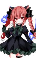 1girl :3 absurdres animal_ears black_bow black_dress bow bowtie braid cat_ears closed_mouth commentary dress fire flaming_skull floating_skull frilled_sleeves frills green_bow green_bowtie hair_bow highres juliet_sleeves kaenbyou_rin long_hair long_sleeves looking_at_viewer nya_(pixiv_100585577) puffy_sleeves rating:general red_eyes red_hair red_nails score:4 signature simple_background skull slit_pupils smile solo thigh_strap touhou twin_braids white_background // 1514x2408 // 1.6MB