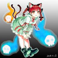1girl adjusting_clothes animal_ear_fluff animal_ears black_footwear blush braid bright_pupils cat_ears cat_tail dated dress frills ghost gradient_background green_dress hitodama kaenbyou_rin katasumi looking_at_viewer multiple_tails nail_polish open_mouth red_eyes red_hair red_nails red_ribbon ribbon skull smile striped_clothes tail touhou twin_braids two_tails white_pupils // 768x768 // 821KB