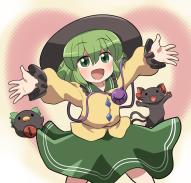 1girl :d bird black_hat blue_skirt blush buttons cat collared_shirt commentary_request cowboy_shot diamond_button frilled_shirt_collar frilled_sleeves frills green_hair hair_between_eyes hat highres kaenbyou_rin kaenbyou_rin_(cat) komeiji_koishi long_sleeves looking_at_viewer open_mouth outstretched_arms reiuji_utsuho reiuji_utsuho_(bird) rokugou_daisuke shirt short_hair signature skirt smile spread_arms third_eye touhou yellow_shirt // 1509x1445 // 1.0MB