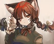 1girl animal_ears braid breasts cat_ears cat_girl closed_mouth commentary fingernails glowing glowing_eye grey_background hall_jion kaenbyou_rin long_fingernails long_sleeves looking_at_viewer rating:general red_eyes red_nails score:1 side_braids simple_background solo symbol-only_commentary touhou twin_braids upper_body // 1077x878 // 137KB